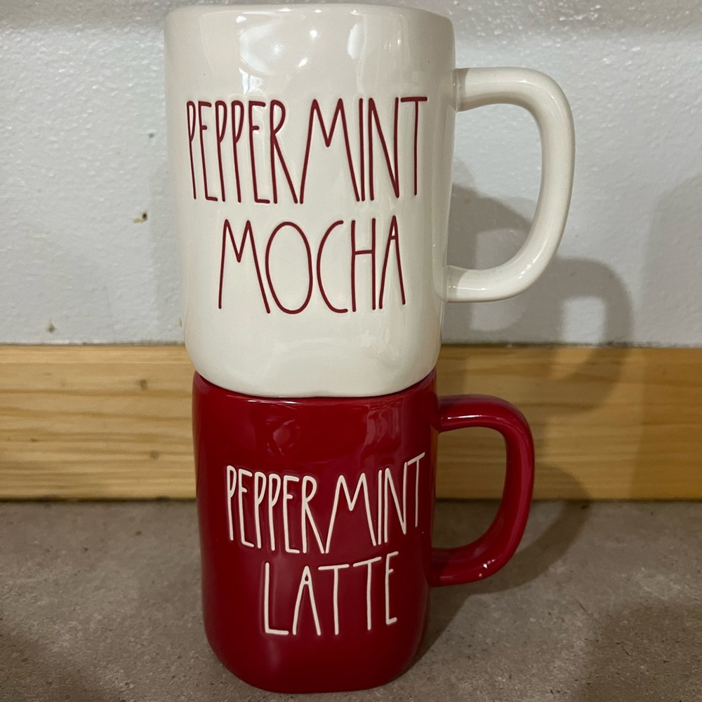 Peppermint Mocha & Peppermint Latte Stackable Ceramic Mug Set - Cream and Red
